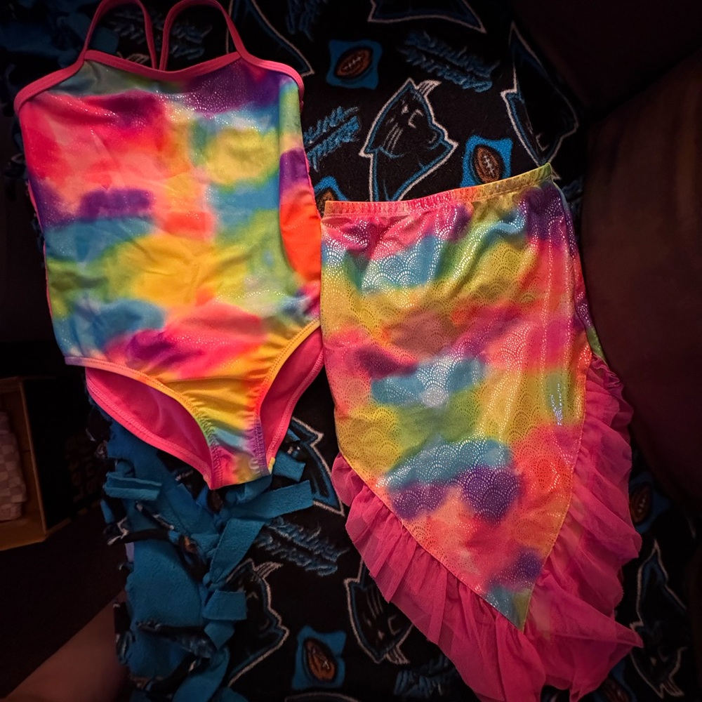 Wonder Nation Kids Rainbow Tie-Dye One Piece With Matching Ruffled Skirt size 6X